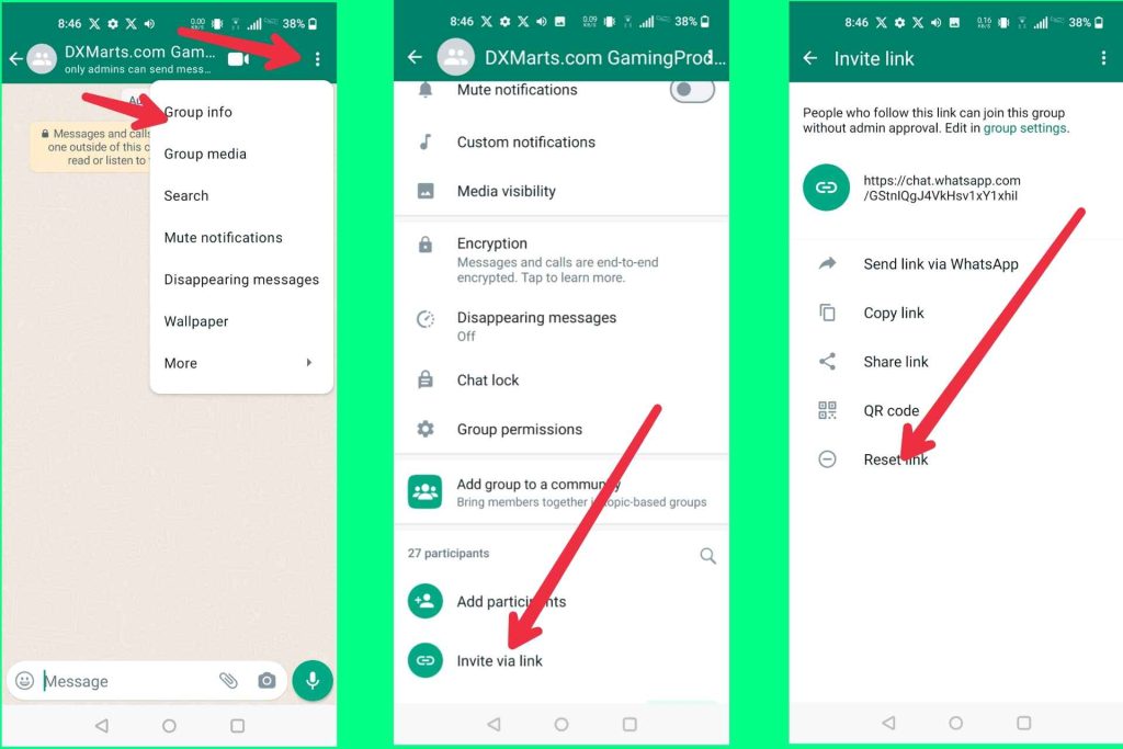 Screenshots Guide Step by step How To reset WhatsApp Group Link . .