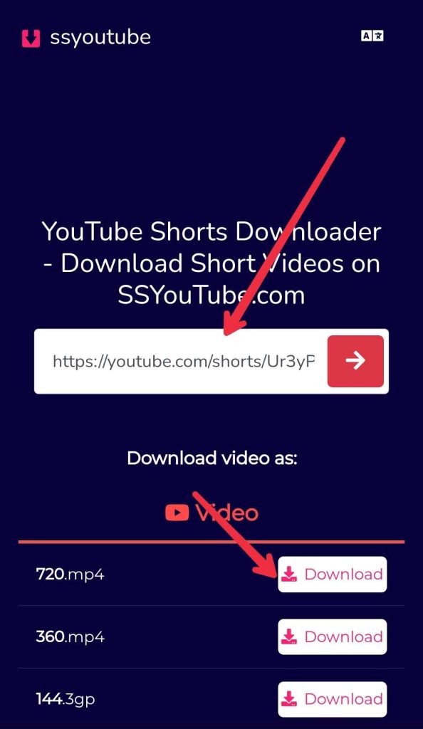 Pasting YouTube URL on the webpage. Selecting video quality for download Youtube Shorts