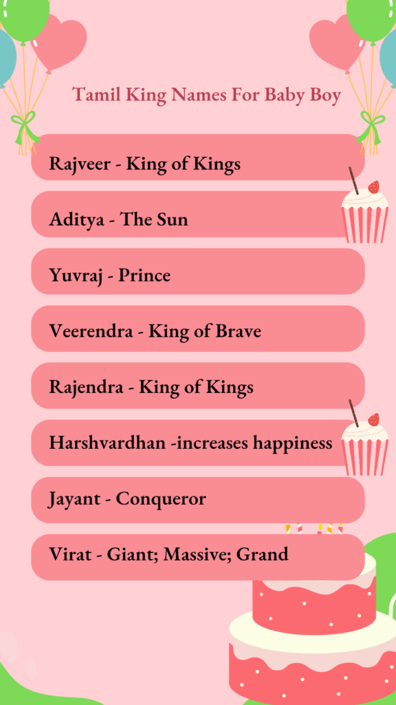 A list of eight Tamil king names for baby boys: Rajveer, Aditya, Yuvraj, Veerendra, Rajendra, Harshvardhan, Jayant, and Virat.